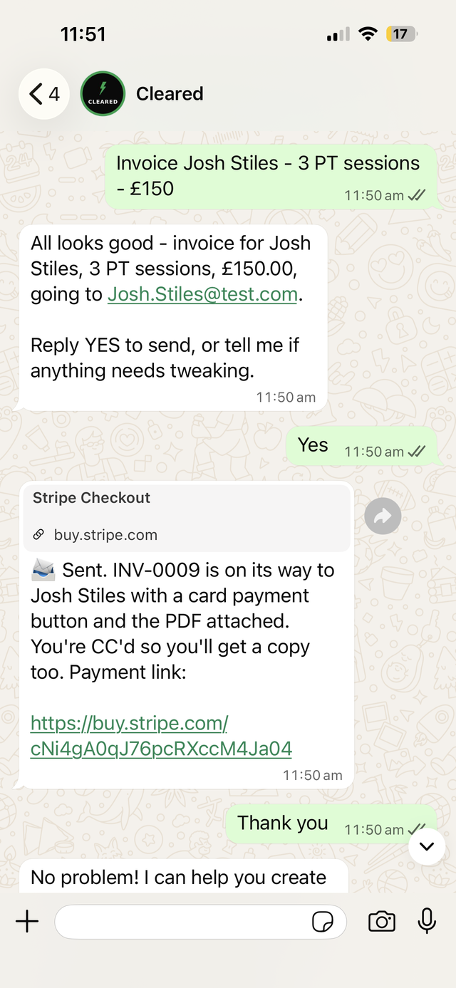 Cleared WhatsApp chat showing invoice being sent